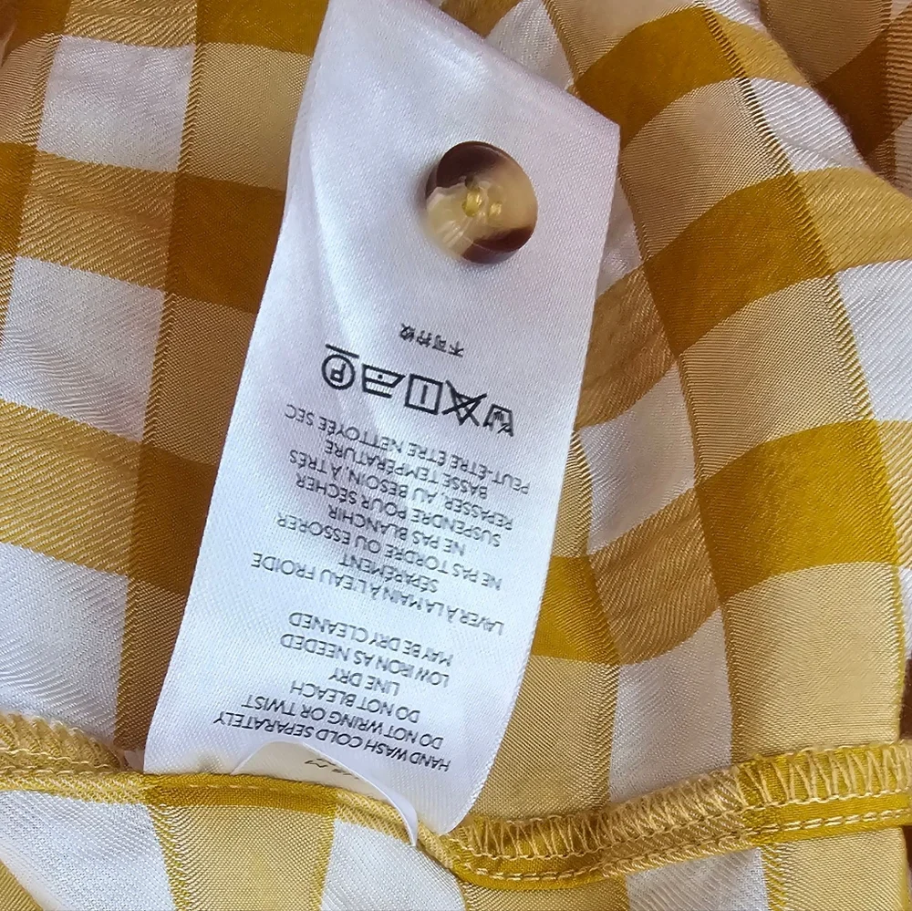 Maeve April Babydoll Gingham Blouse Gold White Button Puff Sleeve V-Neck M